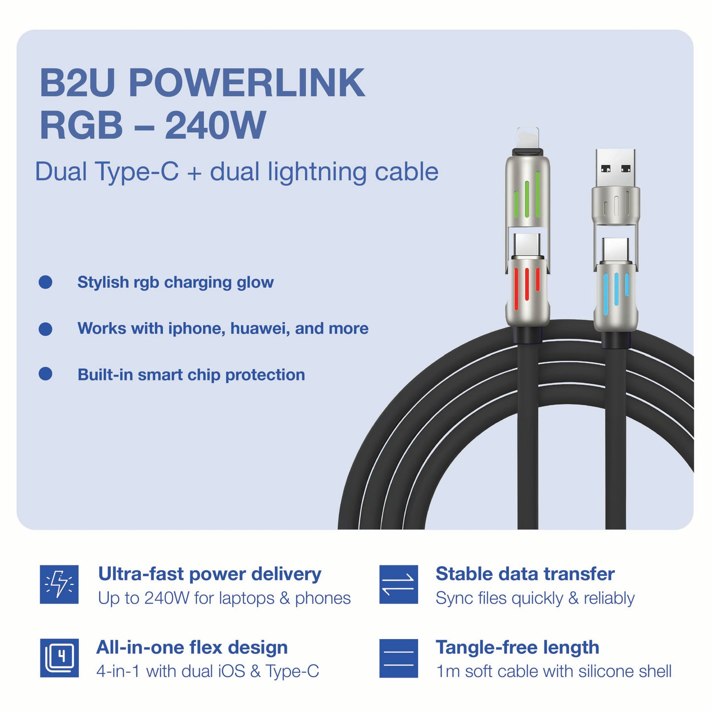 B2U® PowerLink 4X RGB – 240W 4-in-1 Ultra-Fast Charging Cable B2U007