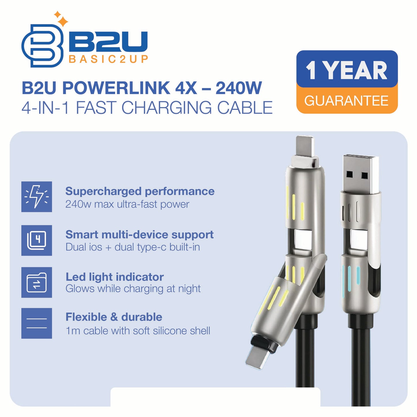 B2U® PowerLink 4X RGB – 240W 4-in-1 Ultra-Fast Charging Cable B2U007