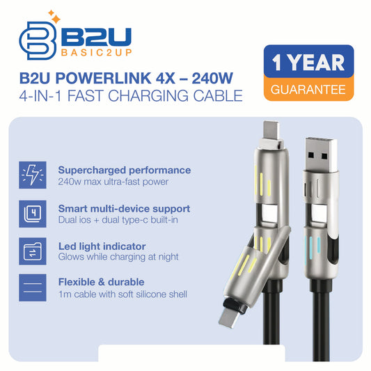 B2U® PowerLink 4X RGB – 240W 4-in-1 Ultra-Fast Charging Cable B2U007
