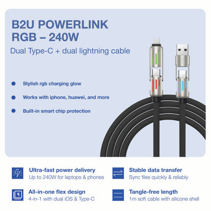 B2U® PowerLink 4X RGB – 240W 4-in-1 Ultra-Fast Charging Cable B2U007