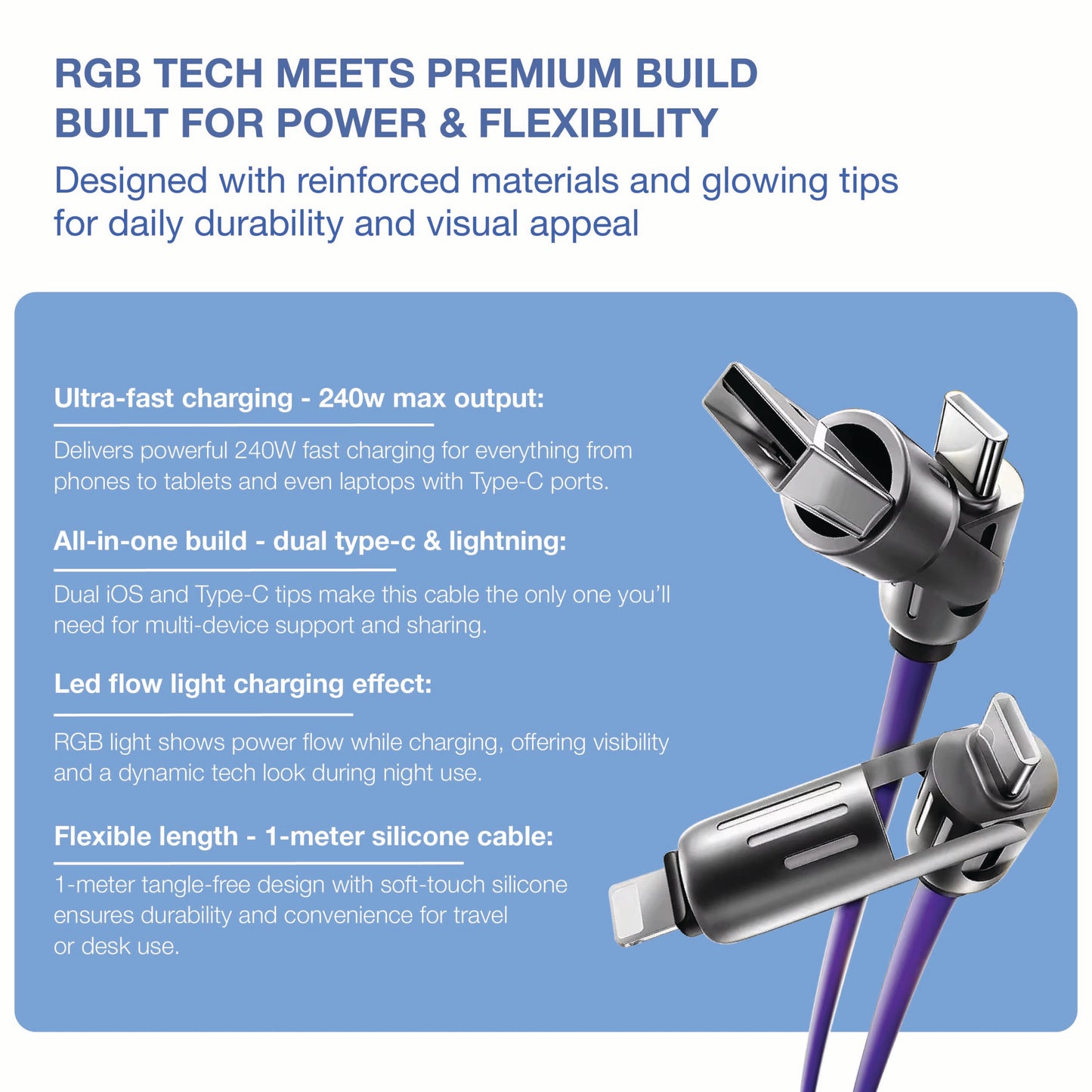 B2U® PowerLink 4X RGB – 240W 4-in-1 Ultra-Fast Charging Cable B2U007